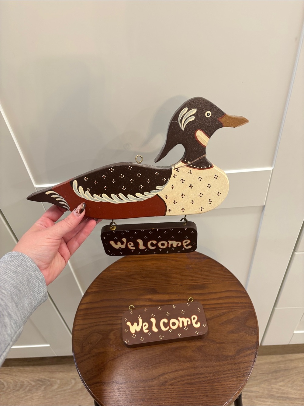 Vintage Hand-Painted Brown and Cream Duck Welcome Wall Decor